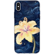 MONOFLEX iPhone Xs Max Uyumlu Lacivert Gece Sarı Zambak Desenli Şeffaf Telefon Kılıfı