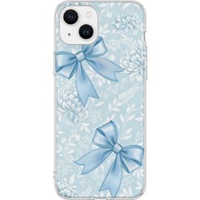 MONOFLEX iPhone 14 Uyumlu Mavi Kurdele ve Çiçek Desenli Şeffaf Telefon Kılıfı