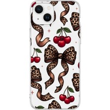 MONOFLEX iPhone 14 Uyumlu Leopar Fiyonk ve Kiraz Desenli Şeffaf Telefon Kılıfı