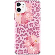 MONOFLEX iPhone 12 Mini Uyumlu  Leopar Amber Çiçeği Desenli Şeffaf Telefon Kılıfı