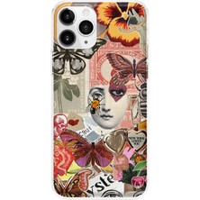 MONOFLEX iPhone 11 Pro Uyumlu Vintage Kelebek ve Ay Yüzü Kolaj Desenli Şeffaf Telefon Kılıfı