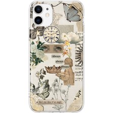 MONOFLEX iPhone 12/12 Pro Uyumlu Vintage Kelebek Kolaj Desenli Şeffaf Telefon Kılıfı