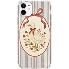 MONOFLEX iPhone 12 Mini Uyumlu Vintage Çizgili Fiyonklu Kaz Desenli Şeffaf Telefon Kılıfı
