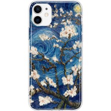 MONOFLEX iPhone 12 Mini Uyumlu Van Gogh Badem Çiçeği Yıldızlı Gece Desenli Şeffaf Telefon Kılıfı