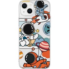 MONOFLEX iPhone 14 Uyumlu Astronot ve Gezegen Çizimi Desenli Şeffaf Telefon Kılıfı