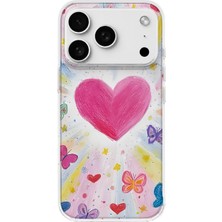 MONOFLEX iPhone 17 Pro Uyumlu Pastel Pembe Kalp ve Kelebek Desenli Şeffaf Telefon Kılıfı