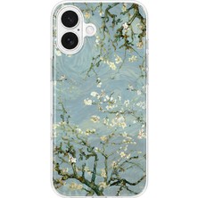 MONOFLEX iPhone 16 Plus Uyumlu Van Gogh Badem Çiçeği Dalları Desenli Şeffaf Telefon Kılıfı