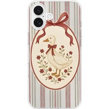 MONOFLEX iPhone 16 Plus Uyumlu Vintage Çizgili Fiyonklu Kaz Desenli Şeffaf Telefon Kılıfı