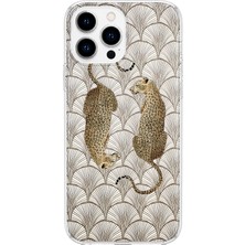 MONOFLEX iPhone 14 Pro Uyumlu Art Deco Yaprak ve Leopar Desenli Şeffaf Telefon Kılıfı