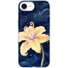 MONOFLEX iPhone 16E Uyumlu Lacivert Gece Sarı Zambak Desenli Şeffaf Telefon Kılıfı