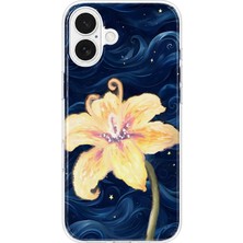 MONOFLEX iPhone 16 Plus Uyumlu Lacivert Gece Sarı Zambak Desenli Şeffaf Telefon Kılıfı