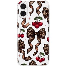 MONOFLEX iPhone 17 Uyumlu Leopar Fiyonk ve Kiraz Desenli Şeffaf Telefon Kılıfı