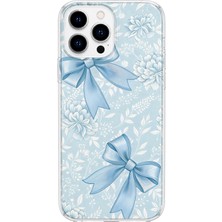 MONOFLEX iPhone 15 Pro Max Uyumlu Mavi Kurdele ve Çiçek Desenli Şeffaf Telefon Kılıfı