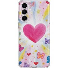 MONOFLEX Samsung Galaxy A25 Uyumlu Pastel Pembe Kalp ve Kelebek Desenli Şeffaf Telefon Kılıfı