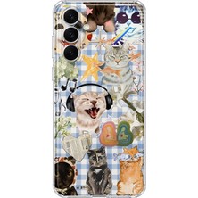 MONOFLEX Samsung Galaxy S24 Uyumlu Sevimli Kedi Kolaj Desenli Şeffaf Telefon Kılıfı
