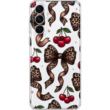 MONOFLEX Samsung Galaxy M14 Uyumlu Leopar Fiyonk ve Kiraz Desenli Şeffaf Telefon Kılıfı