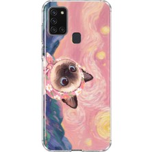 MONOFLEX Samsung Galaxy A21S Uyumlu Yağlı Boya Siyam Kedisi Desenli Şeffaf Telefon Kılıfı