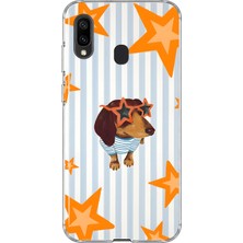 MONOFLEX Samsung Galaxy A20/A30 Uyumlu Çizgili Yıldız ve Sosis Köpek Desenli Şeffaf Telefon Kılıfı