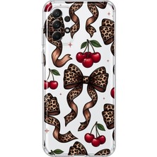 MONOFLEX Samsung Galaxy A52 Uyumlu Leopar Fiyonk ve Kiraz Desenli Şeffaf Telefon Kılıfı