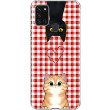 MONOFLEX Samsung Galaxy A21S Uyumlu Kediler ve Kalp Desenli Şeffaf Telefon Kılıfı