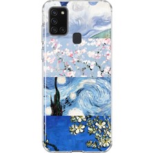 MONOFLEX Samsung Galaxy A21S Uyumlu Sanat Eseri Kolaj Bahar Dalı Desenli Şeffaf Telefon Kılıfı