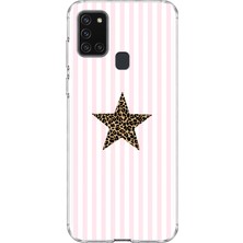 MONOFLEX Samsung Galaxy A21S Uyumlu Çizgili Leopar Yıldız Desenli Şeffaf Telefon Kılıfı