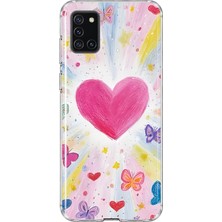 MONOFLEX Samsung Galaxy A31 Uyumlu Pastel Pembe Kalp ve Kelebek Desenli Şeffaf Telefon Kılıfı