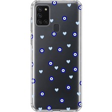MONOFLEX Samsung Galaxy A21S Uyumlu Nazar Boncuğu ve Kalp Desenli Şeffaf Telefon Kılıfı