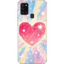 MONOFLEX Samsung Galaxy A21S Uyumlu Kalp Desenli Şeffaf Telefon Kılıfı