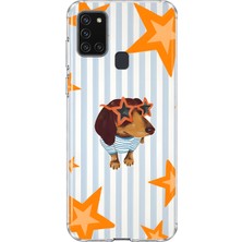 MONOFLEX Samsung Galaxy A21S Uyumlu Çizgili Yıldız ve Sosis Köpek Desenli Şeffaf Telefon Kılıfı