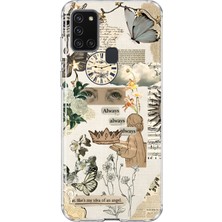 MONOFLEX Samsung Galaxy A21S Uyumlu Vintage Kelebek Kolaj Desenli Şeffaf Telefon Kılıfı