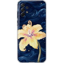 MONOFLEX Samsung Galaxy A32 Uyumlu Lacivert Gece Sarı Zambak Desenli Şeffaf Telefon Kılıfı