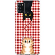 MONOFLEX Samsung Galaxy A31 Uyumlu Kediler ve Kalp Desenli Şeffaf Telefon Kılıfı