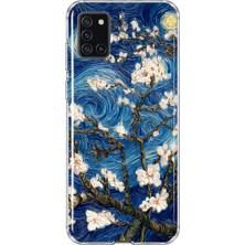 MONOFLEX Samsung Galaxy A31 Uyumlu Van Gogh Badem Çiçeği Yıldızlı Gece Desenli Şeffaf Telefon Kılıfı