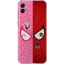 MONOFLEX Samsung Galaxy A07 Uyumlu Pembe Kırmızı Örümcek Ağı Desenli Şeffaf Telefon Kılıfı