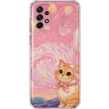 MONOFLEX Samsung Galaxy A72 Uyumlu Yağlı Boya Fularlı Kedi Desenli Şeffaf Telefon Kılıfı