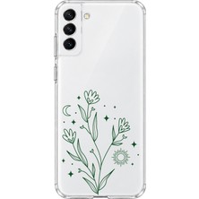 MONOFLEX Samsung Galaxy S21 Uyumlu Minimal Çiçek Desenli Şeffaf Telefon Kılıfı