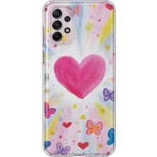 MONOFLEX Samsung Galaxy A73 Uyumlu Pastel Pembe Kalp ve Kelebek Desenli Şeffaf Telefon Kılıfı