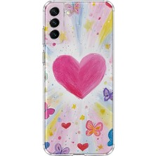 MONOFLEX Samsung Galaxy S22 Uyumlu Pastel Pembe Kalp ve Kelebek Desenli Şeffaf Telefon Kılıfı