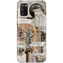 MONOFLEX Samsung Galaxy A02S Uyumlu Antik Yunan Heykel ve Sütun Kolaj Desenli Şeffaf Telefon Kılıfı