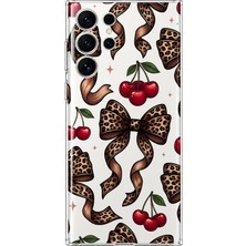 MONOFLEX Samsung Galaxy S24 Ultra Uyumlu Leopar Fiyonk ve Kiraz Desenli Şeffaf Telefon Kılıfı
