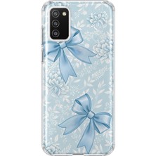 MONOFLEX Samsung Galaxy A02S Uyumlu Mavi Kurdele ve Çiçek Desenli Şeffaf Telefon Kılıfı