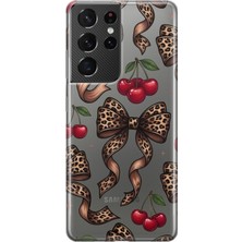 MONOFLEX Samsung Galaxy S21 Ultra Uyumlu Leopar Fiyonk ve Kiraz Desenli Şeffaf Telefon Kılıfı