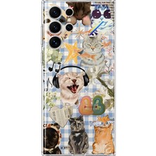 MONOFLEX Samsung Galaxy S23 Ultra Uyumlu Sevimli Kedi Kolaj Desenli Şeffaf Telefon Kılıfı