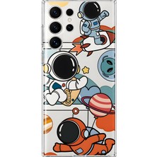 MONOFLEX Samsung Galaxy S23 Ultra Uyumlu Astronot ve Gezegen Çizimi Desenli Şeffaf Telefon Kılıfı