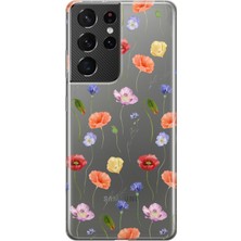 MONOFLEX Samsung Galaxy S21 Ultra Uyumlu Kır Çiçekleri Desenli Şeffaf Telefon Kılıfı