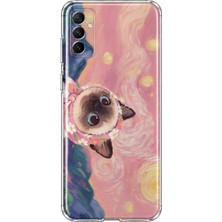 MONOFLEX Samsung Galaxy M52 Uyumlu Yağlı Boya Siyam Kedisi Desenli Şeffaf Telefon Kılıfı
