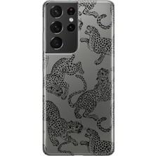 MONOFLEX Samsung Galaxy S21 Ultra Uyumlu Leopar Desenli Şeffaf Telefon Kılıfı