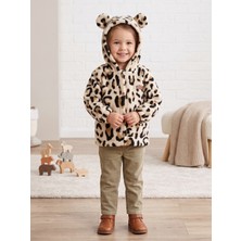 Deniva Bebek & Kız Çocuk Leopar Desenli Kulaklı Kapüşonlu Düğmeli Yumuşak Wellsoft Peluş Mont & Hırka