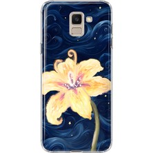 MONOFLEX Samsung Galaxy J6 Uyumlu Lacivert Gece Sarı Zambak Desenli Şeffaf Telefon Kılıfı